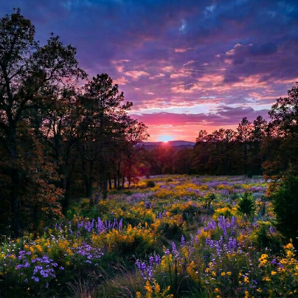 Dirt path winding through forest with sunset and colorful clouds